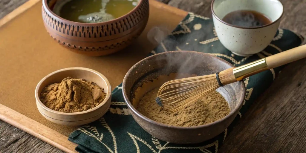 whisking hojicha powder for latte