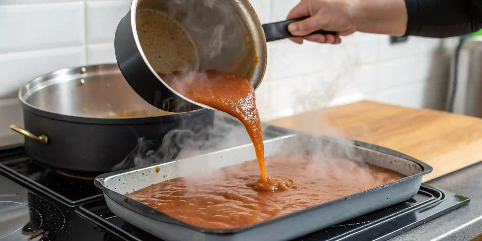 Pouring cooked Turkish Delight mixture into a mold.