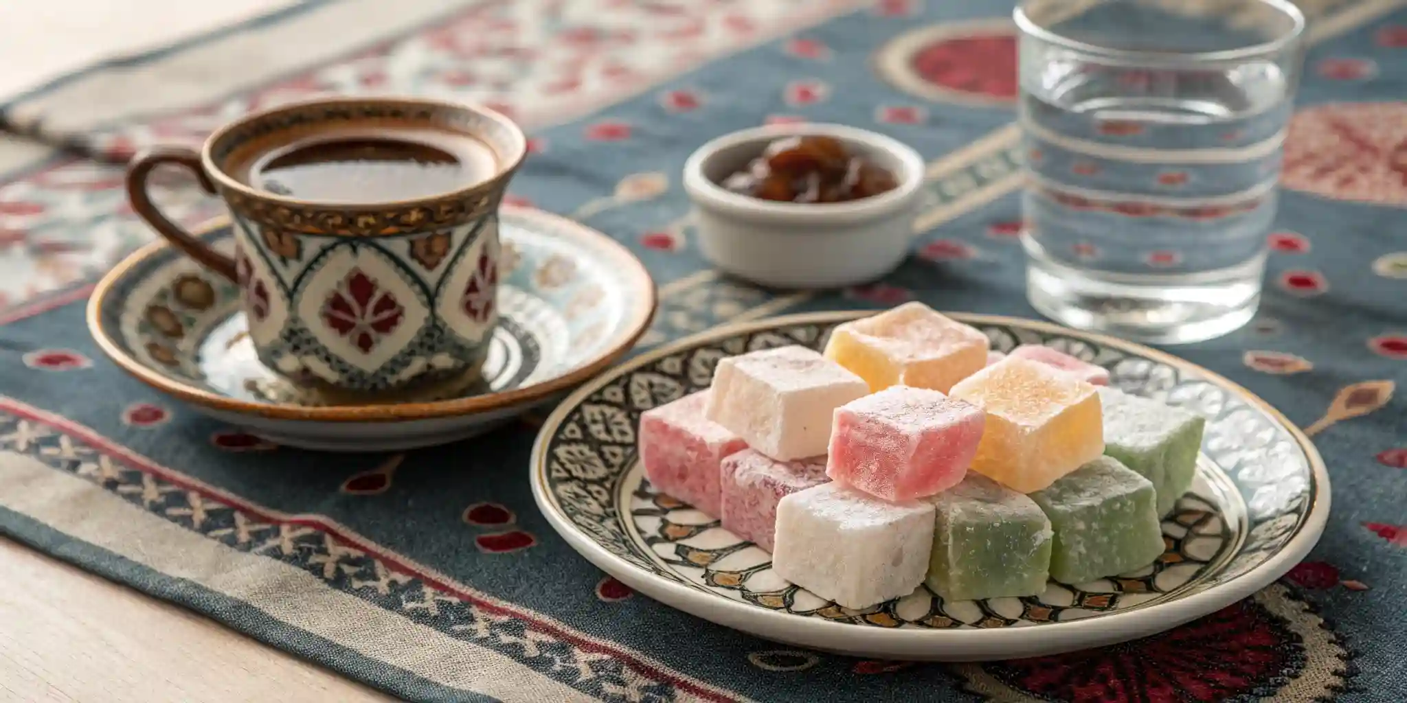 Turkish Delight served with Turkish coffee and water.