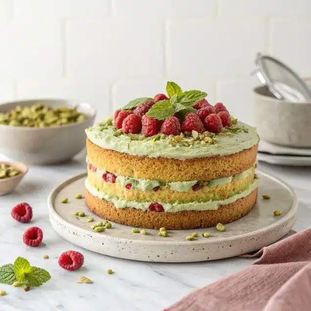 pistachio raspberry cake with creamy frosting and fresh berries on a ceramic plate.