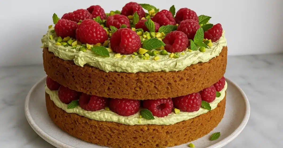 pistachio raspberry cake with creamy frosting and fresh berries on a ceramic plate.