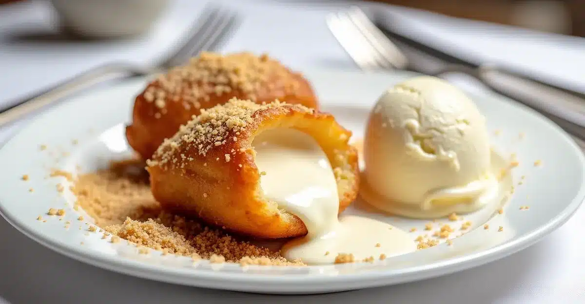 Crispy Xango dessert filled with vanilla cream, served with ice cream on a white dessert plate